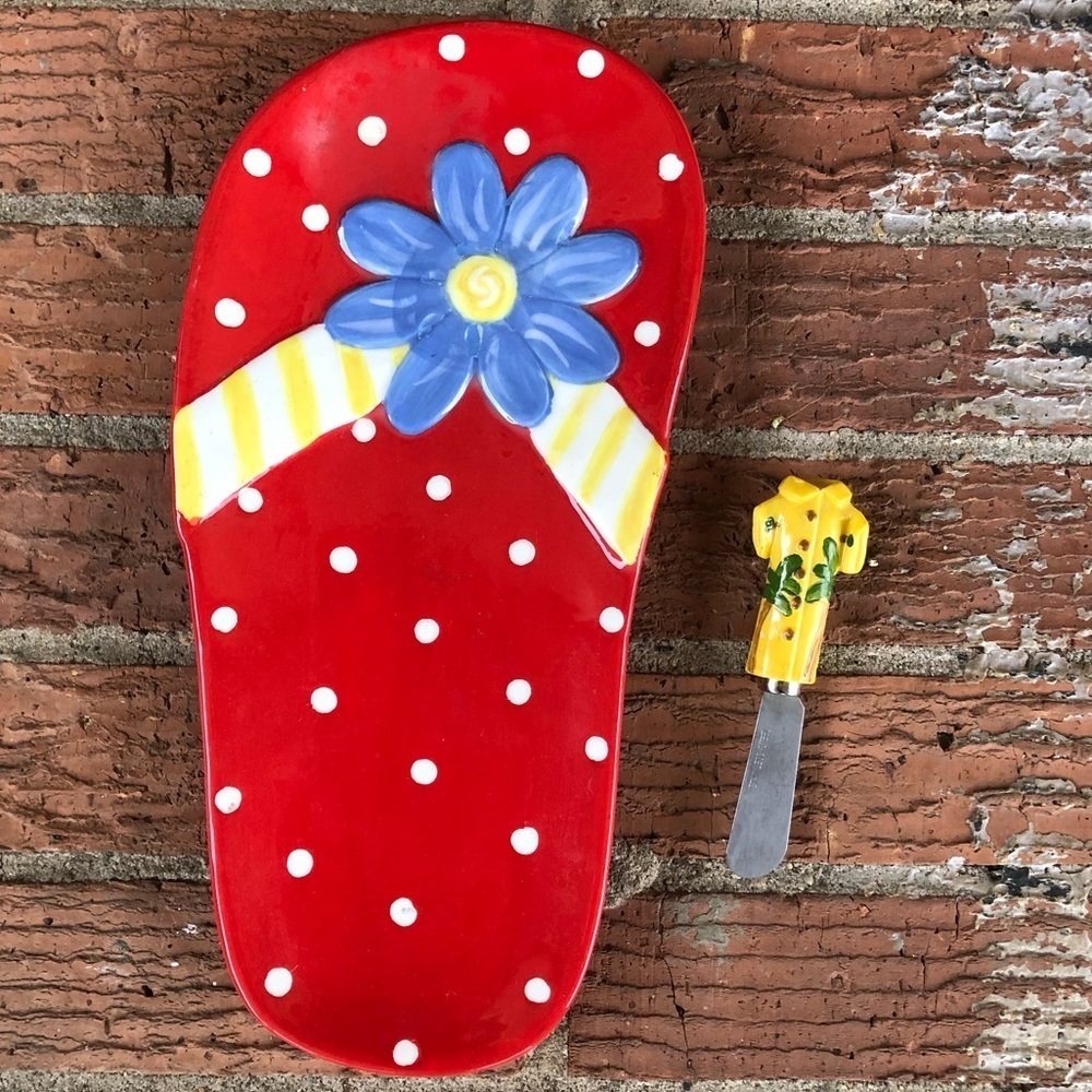 Mainstreet Collection Hand Painted Flip Flop Cheese Serving Platter & Spreader